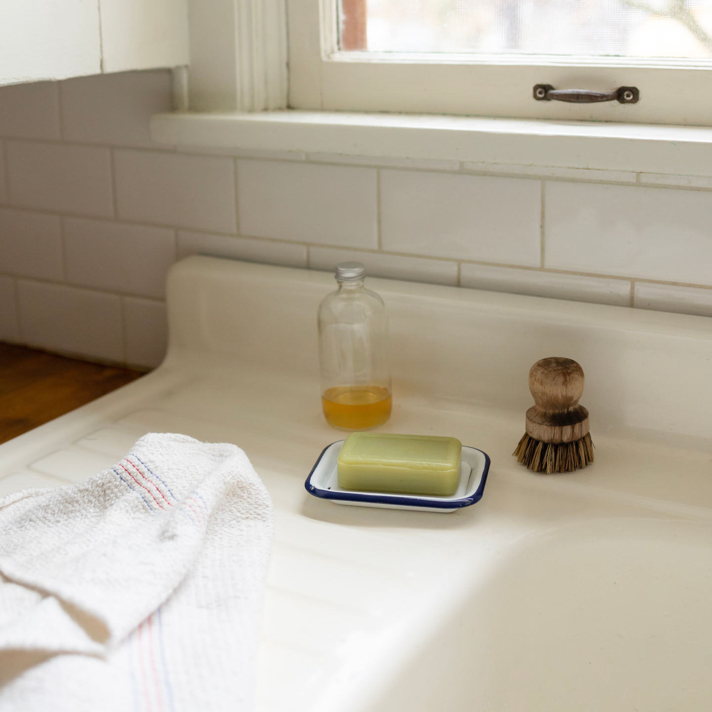 Soap dish and scrub brush next to kitchen sink