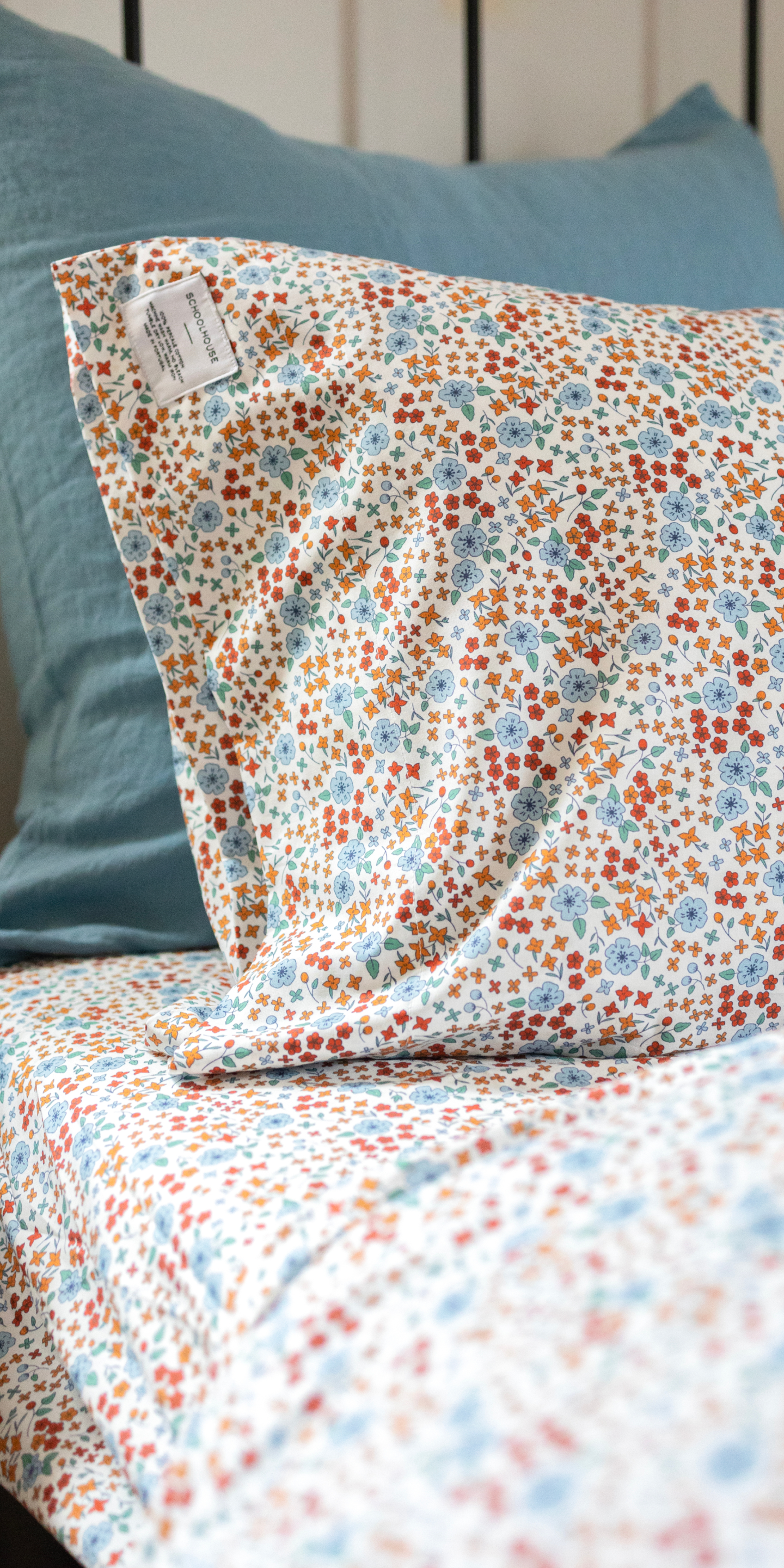 red and blue floral bedding