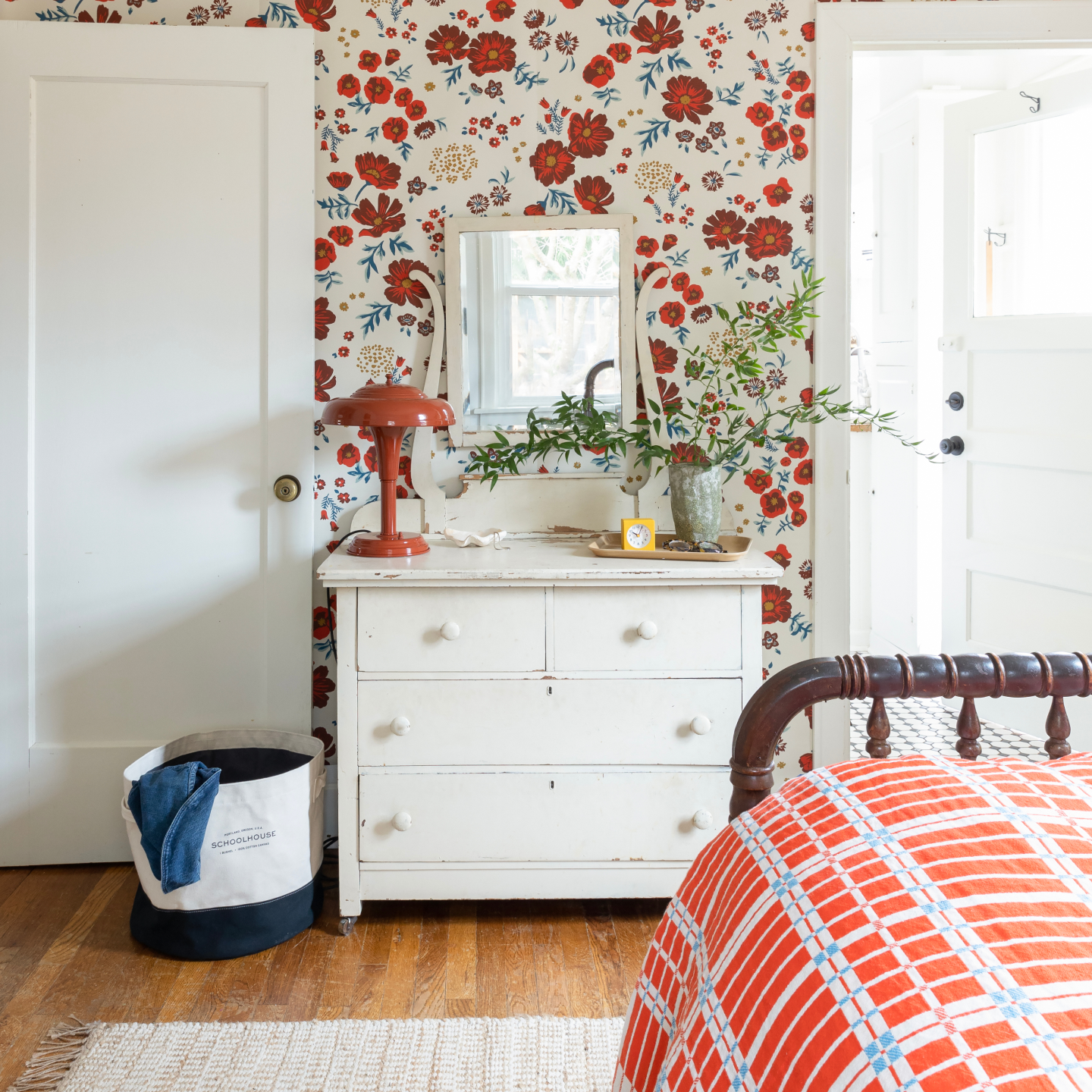 Bright red floral bedroom 