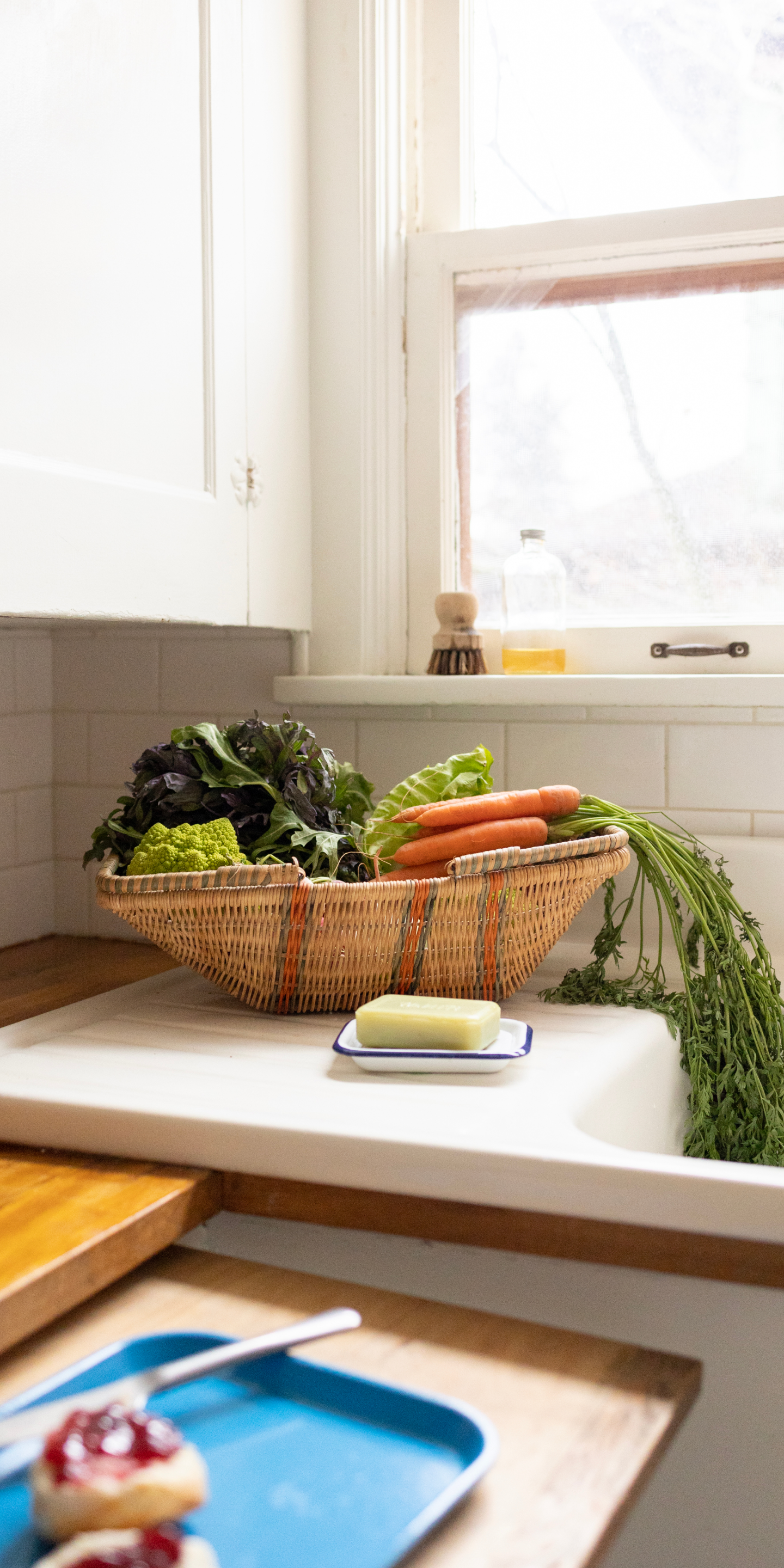 Basket of vegetables and soap dish next to kitchen sink 